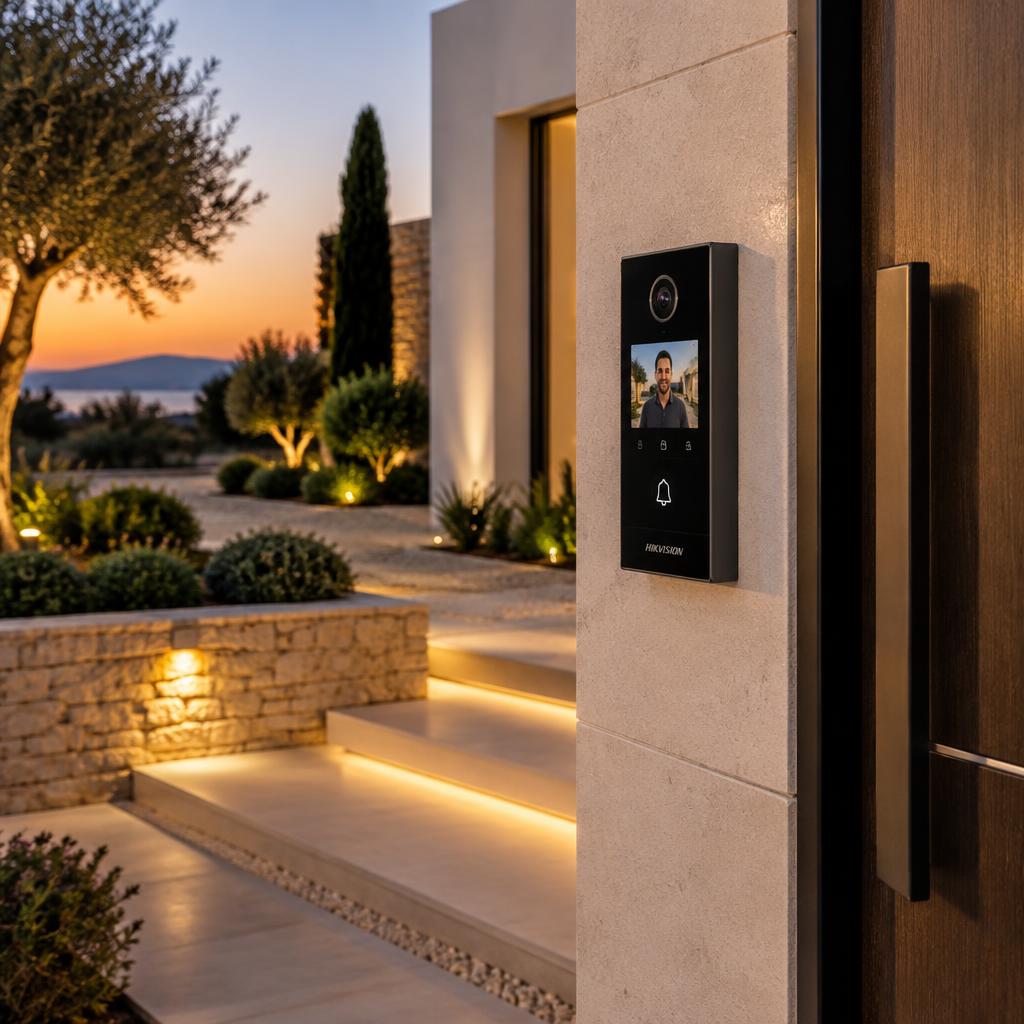 Panel de videoportero instalado junto a la puerta de una vivienda